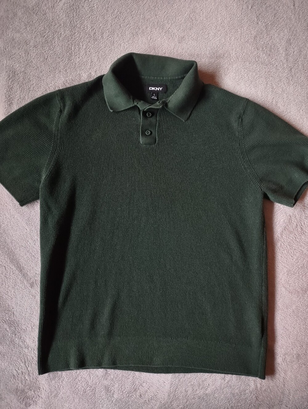 DKNY Men's Large Green Ribbed Knit Polo Shirt 100% Cotton Short Sleeve